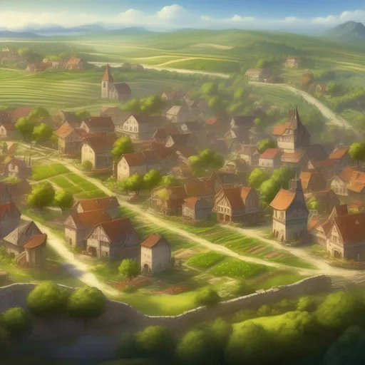 Prompt: town, fantasy setting, fields with trees, fruit orchards, natural lighting, panoramic,  