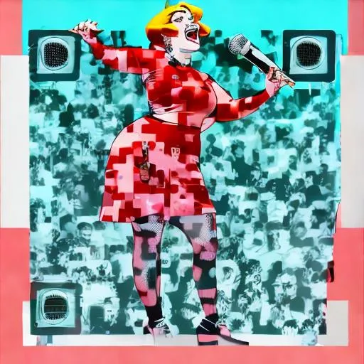 Prompt: A happy beautiful large pinup woman with red hair 👩‍🦰 talks in a mic 🎤 on stage by banksy 