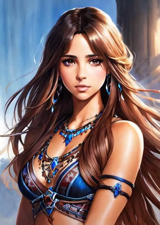 Prompt: a Shining Force watercolor concept art with Naomi Scott, brown hair, jumping in tribal cueitl, parted bangs, brown eyes, ethereal, jewelry set balayage wild hair, royal vibe, highly detailed, digital painting, Trending on artstation , HD quality, tan skin, Big Eyes,artgerm,by yoshitaka amano