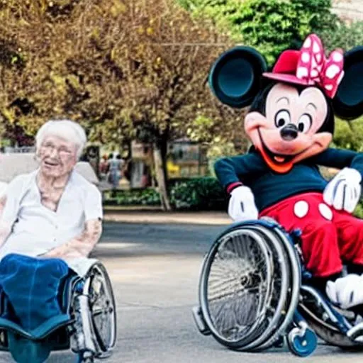 Prompt: Mickey mouse has become elderly and disabled