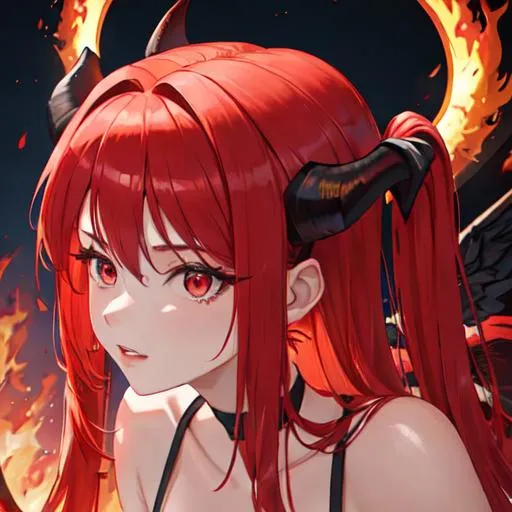 Prompt: Haley with bright red hair pulled back, UHD, highly detailed, fire around her. demon horns, angel devil wings. halo