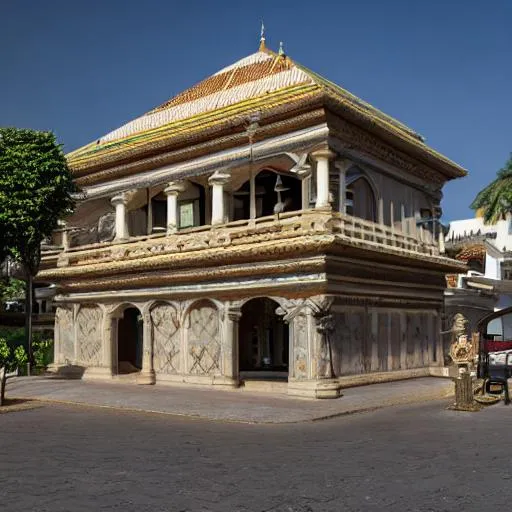Prompt: baroque inspired Congolese architecture on a street with precolonial congolese art inspiration and Congolese minerals, volumetric natural light, ultra realistic, vray,  hd