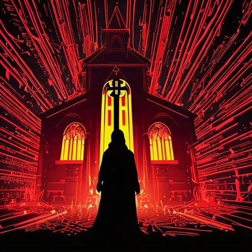 Prompt: neon-glowing-christian-cross-vector-illustration-glowing-bright-red-church-cross-transformed villian