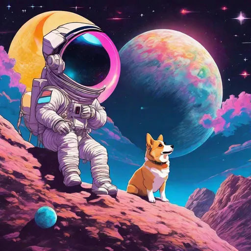 Prompt: vaporwave art, astronaut sitting on a floating rock in space with his pet corgi both facing into distance, comets flying in the background, sun and moon coming together creating a small explosion, highly detailed, hd, hayao  miyazaki