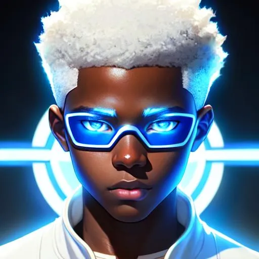 Prompt: movie poster, sixteen-year old black teenage boy, white hair, African-American hair texture, short close-cropped fade haircut, white and blue jumpsuit, superhero, smooth soft skin, glowing blue eyes, symmetrical, soft lighting, detailed face, concept art, digital painting, by rossdraws, makoto shinkai, Alex Flores, Dao Trong Le, Mingchen Shen, Newmilky, stanley artgerm lau, wlop, 