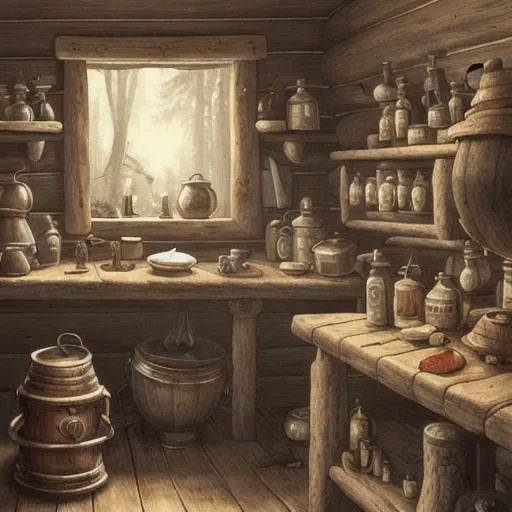 Prompt: An apothecary in a small cabin with a cauldron over the fire 