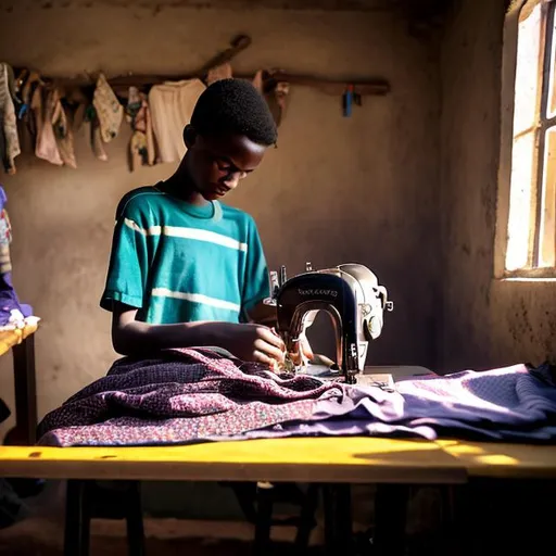 Prompt: STYLE: an ethiopian  teenage boy sewing clothes at mini clothing rular store costumer standing at the door GENRE:county side I EMOTION:moody and warm I SCENE:photo realistic I TAGS:-photo realistic cinematic sunlight I CAMERA:arri alexa _ FOCAL LENGTH:24 SHOT TYPE:medium long shot I COMPOSITION:balanced LIGHTING:cinematic sunlight _ WARDROBE:full clothing TIME OF DAY:morning I LOCATION TYPE:ethiopian mud house I ASPECT RATIO:16:9