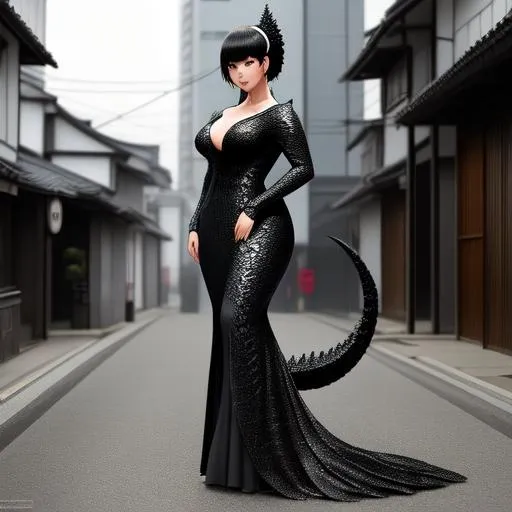 Prompt: Create a highly detailed image of a gorgeous human-Godzilla hybrid standing tall in a miniature Japanese street. She has a stunning body, large chest, and her skin is covered in Godzilla scales. Her dorsal fins run down her spine, and her tail has the iconic Godzilla dorsal fins. She is wearing a black lace dress that emphasizes her curves and adds a touch of elegance to her terrifying appearance.