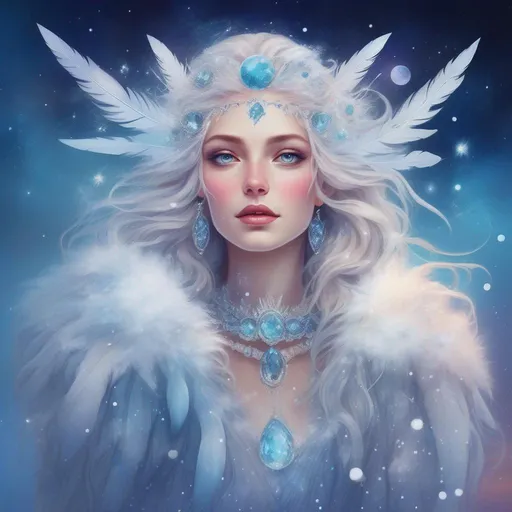 Prompt: Colourful and beautiful ice queen Persephone with snow feathers for hair, wearing a dress made of snow feathers, wearing crystal jewelry framed by constellations, snow and the moon in outer space in a dreamy painted style 