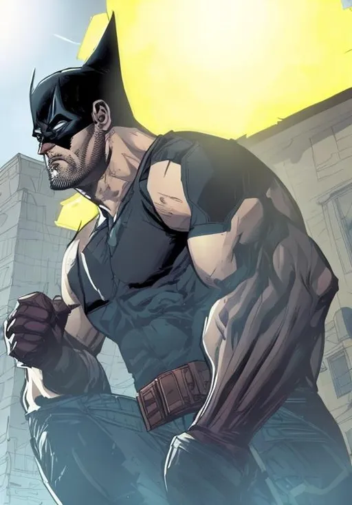 Prompt: Dark vigilante superhero brooding on top of a building, realistic style, dramatic lighting