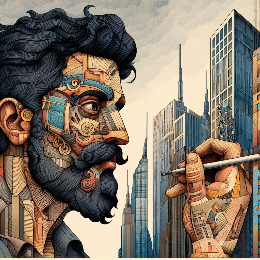 Prompt: illustration of an artist showing the face of a man, in the style of surreal city scenes, mesoamerican influences, tooth wu, petros afshar, disfigured forms, illustration, toyen