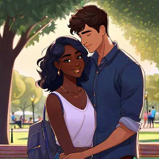 Prompt: Caleb  1male (brown hair, brown eyes) hugging Tome 1female (dark skin, short dark blue hair, in her 20's) on a date in the park, adults