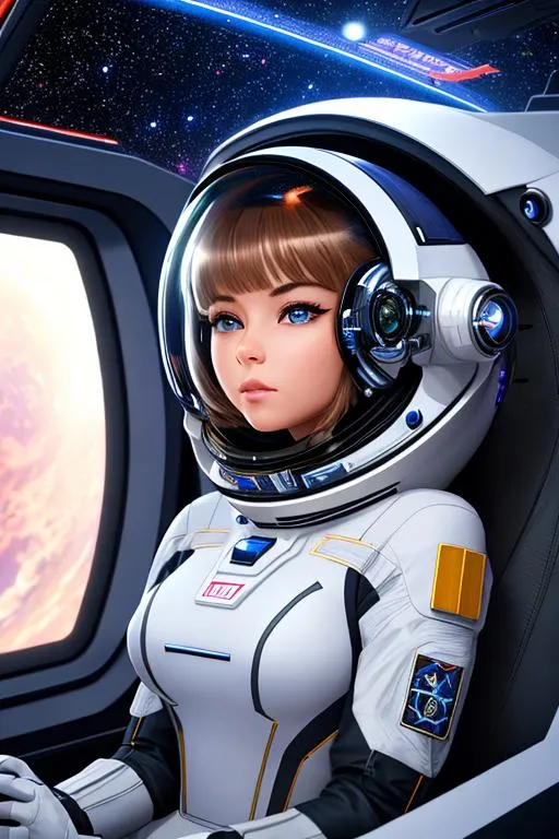 Prompt: long shot, cinematic shot, sharp focus,

a beautiful girl wearing a cyberpunk space suit sitting inside a spaceship, in awe, hyper detailed spaceship interior background, ultra detailed face, detailed beautiful eye, detailed beautiful nose, ultra detailed space background with lot of stars and planet, ultra detailed space suit,

dynamic lighting, studio lighting, volumetric lighting, Masterpiece, contrast, Ultra HD, 64K, 