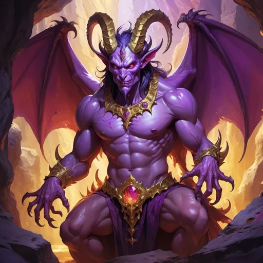 Prompt: Fantasy illustration of the male archdemon of greed and envy, tender body, dragonlike features, violet skin-color, goatlike eyes, glorifying pose, blood stained, in a treasure cave full of gold, vibrant colors