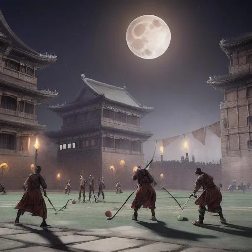 Prompt: night quidditch game in an open-air court, ancient China, full moon, realistic splash art by greg rutkowski, RAW photo, unparalleled masterpiece, best quality, perfect artwork, highly detailed buildings, highly detailed landscape, bright clear sky, octane render, cinematic, highly detailed and intricate, rich deep colors, production cinematic character render, 8K ultra high quality model, perfect composition, unreal engine, artistic photography, photorealistic concept art, soft natural volumetric cinematic perfect light, golden ratio, harmonious color scheme, balanced composition, professional execution
