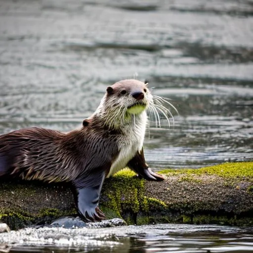 Prompt: An otter sitting near a river in black and white