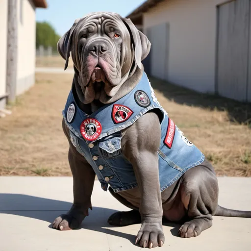 Prompt: Neapolitan Mastiff wearing a heavy metal music denim vest with patches