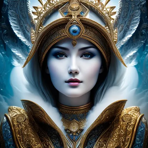 Prompt: UHD, 4k, Oil Painting,  Portrait, highly detailed symmetrical face, goddess of air, cinematic colour panel of blue, white and silver, cloaked in clouds, ultra detailed robes, dynamic lighting