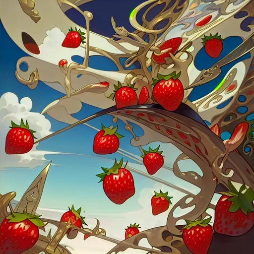 Prompt: a Salvador Dali's styled canvas of strawberries floating in a sky escaping the Knife police
