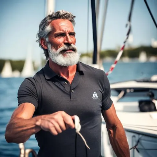 Prompt: A confident, strong, 45 year old, thin haired, grey bearded sailor looking magical and handsome wearing a black polo shirt while pulling a rope on a sailboat



