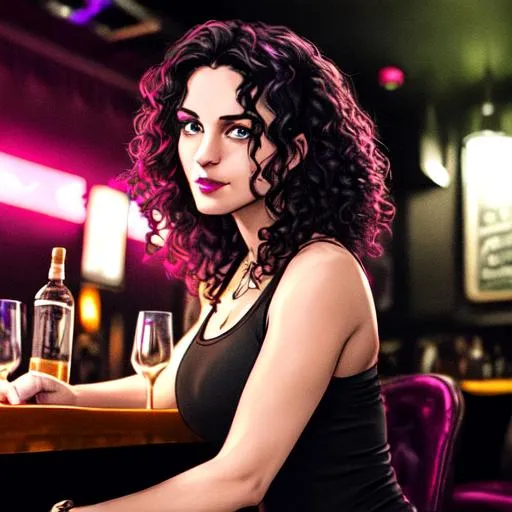 Prompt: A beautiful++, European, 34 year old adult female, sad expression, green eyes, pink lips, black curly++ medium hair wearing black low cut tank top, looking down at table, hands on the hair, sitting on a bar stool. crowded++ Milan dive bar at night++. Contemporary gothic+, Volumetric, Golden ratio, (((Perfect face))) detailed facial features By Roger Deakins and Dante Spinotti. lut, insane details, intricate details, muted colours, 4K, hyper realistic, cinematic+++, volumetric light++, vintage anamorphic lens, shot on Arri Alexa camera, film grain, Bokeh
