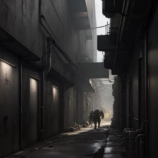 Prompt: Dense industrial landscape, dark shadowy alleyways, coverd in armor troops.