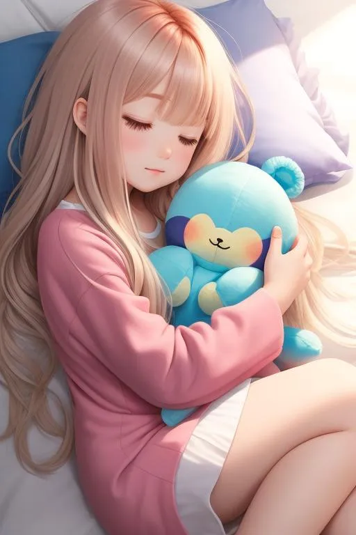 Prompt: ombre hair, sleeping, plushie, long hair, solo, 12 year old girl, fullbody, ((full body)) {{good looking}} {{cute}} {{good body}} {{tight}}, symmetrically colored hair, {{shadows}},
