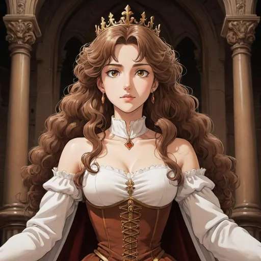 Prompt: 1 person, female, brown hair, curly hair, hot, regal, amber eyes, queen, castle, soft smile, clever, curvy, stoic, beautiful, princess
BREAK
Woman stands in front of her throne.
BREAK
action pose, emotion, dynamic pose, detailed pose, detailed faces, accurate anatomy
BREAK
90s anime, 80s anime, anime screencap, cartoon, 2d art, romance novel cover, anime, ghibli anime, beserk anime, castlevania anime, ghibli, castlevania, beserk, high resolution