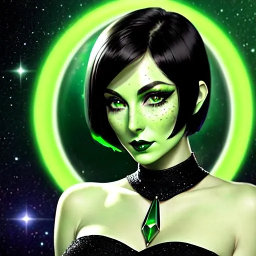 Prompt: A beautiful emerald skinned young orion extraterrestrial alien lady from star trek with short black hair and green skin, black lips, green face, black fingernails, green body, freckles, green hands, green fingers, green arms, green shoulders, freen bosom, green neck, drinking in the bar, black dress, drunk face, calm face, naughty eyes and mouth, 8k, highres, realistic body , highly detailed face, full body, beautiful detailed, cinematic lighting, by wlop, (by Mandy Jurgens ),  trending on artstation, dark background 