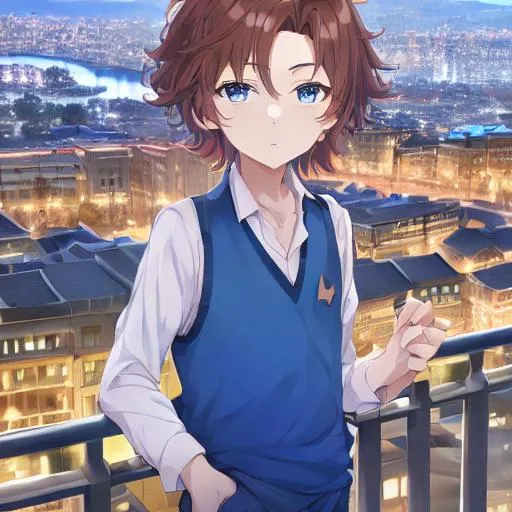 Prompt: A high, 4k, and best quality image of a small short young anime boy, with brown hair, blue eyes, wearing a blue vest shirt, chill face expression, looking at the viewer, with a beautiful cityscape background at night, aesthetic, and colourful