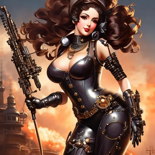 Prompt: Splash art, 1890s pinup style. A complete body form of a stunningly beautiful, Steampunk-style humanoid robot, a radio antenna attached to her head, armed with a rifle. Masterpiece, Best Quality, detailed, realistic.