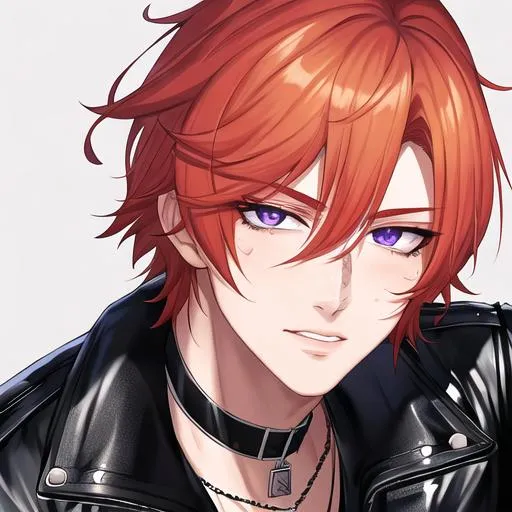 Prompt: Erikku male (short ginger hair, freckles, right eye blue left eye purple), highly detailed face, 8K, Insane detail, best quality, UHD, handsome, flirty, Highly detailed, insane detail, high quality. Hollywood, famous, leather jacket, tight ripped black jeans, black jewelry, black choker, actor, black sunglasses
