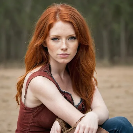 Prompt: A very beautiful red head women sitting. She has a cowboy look about her. You can see all of her.