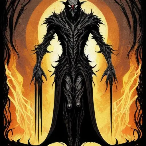 Prompt: Malachi's design is a sinister fusion of dark and grotesque elements. It has a humanoid form, but twisted and distorted, with elongated limbs and jagged, sharp features. Its body is clad in tattered, blackened robes that seem to writhe with shadows. Its eyes burn with an eerie, malevolent glow, radiating an aura of malice.

The creature's skin is pallid, almost sickly, with dark veins snaking across its body, pulsating with dark energy. It possesses sharp, claw-like appendages and a mouth filled with rows of razor-sharp teeth, ready to inflict pain and terror. Malachi's voice is a haunting whisper, laced with venomous intent, capable of instilling fear in even the bravest souls.

Malachi moves with a predatory grace, almost slithering through the darkness. It can dissolve into shadows, appearing and disappearing at will, heightening the sense of unease and uncertainty. Its presence is suffused with an aura of malevolence and corruption, exuding a palpable sense of dread and impending doom.

The creature's behavior is characterized by its cunning and deceit. It manipulates others through promises of power, wealth, or twisted desires, ensnaring them in its web of deception. Malachi delights in the suffering and destruction it causes, reveling in the chaos it spreads. It feeds off the fear and despair of its victims, growing stronger with each soul it corrupts.

Malachi's ultimate goal is to subjugate and control, bending the world to its dark desires. It seeks to sow discord and tear apart the fabric of reality, ushering in an age of darkness and despair. Its actions are driven by an insatiable hunger for power and dominion, leaving a trail of devastation and shattered lives in its wake.