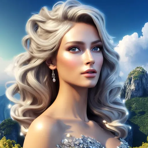 Prompt: HD 4k 3D 8k professional modeling photo hyper realistic beautiful women ethereal greek goddess of messages
silver hair blue eyes gorgeous face tan skin shining armor shimmering jewelry and tiara winged feet full body surrounded by magical glowing light hd landscape background sky clouds wind mountains birds