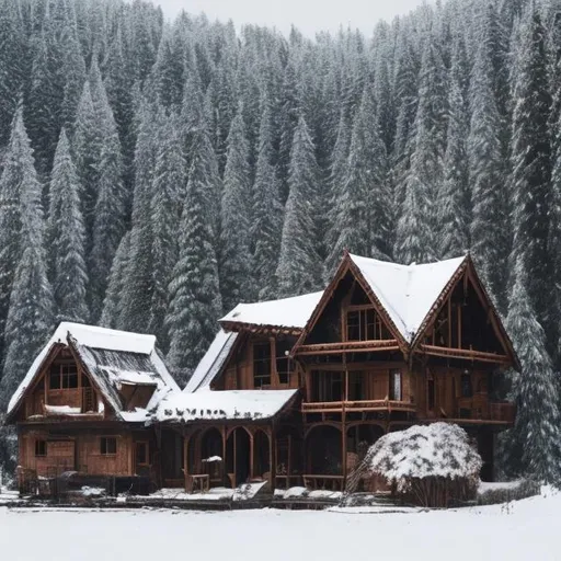 a dark wood frame house with snow around it and a village