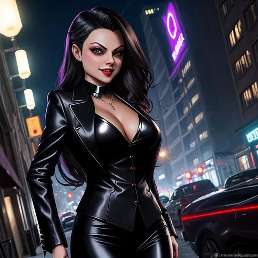 Prompt: Female Lasombra Vampire, 11th Generation, vampire, vampire real estate agent, looks like Mila Kunis, dressed for the office, blood splashed across his cheek, his shadow forms a creepy tentacle, inspired by Wall Street, vampire the masquerade, detailed symmetrical face, malicious grin showing perfect teeth, city at night style background, well lit by street lights, vampire, real, alive, real skin textures,