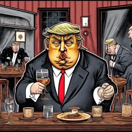 Prompt: Dark, dank and dim, smokey, Obese Trump drinking and dining with his gang of Russian mobster with Putin in a smoky den, too long red tie, navy blue suit, Prohibition Speak-easy Scene, muted dark colors, Sergio Aragonés MAD Magazine cartoon style 