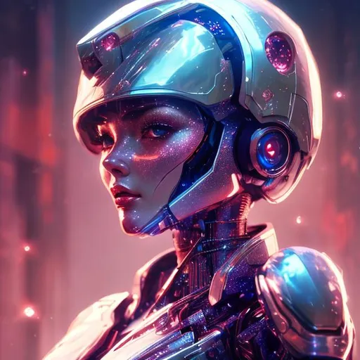 Prompt: a beautiful robot woman, feminine look, red visor eyes, retro like, octane rendered 4k, hyperrealism, highly detailed, futuristic look, cinema 4k, lots of details, blue and glitter background with stars, epic look, hajime sorayama look