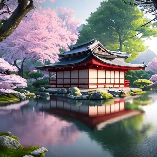 Prompt: Anything, Dawn, Photograph, serene pond, cherrry blossom, Japanese garden, cute house, grandiose, overpowering render, dark fantasy, unreal engine, raytracing, post-processing, zbrush, substance painter, trending on ArtStation, epic perspective, epic lighting, composition, photorealistic, vfx, cgsociety, volumetric lighting, + cinematic + photo + realism + high detail, cgi, 8k, --ar 16:9