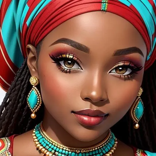 Prompt: Beautiful african woman, beautiful makeup, turquoise and red color scheme, closeup

