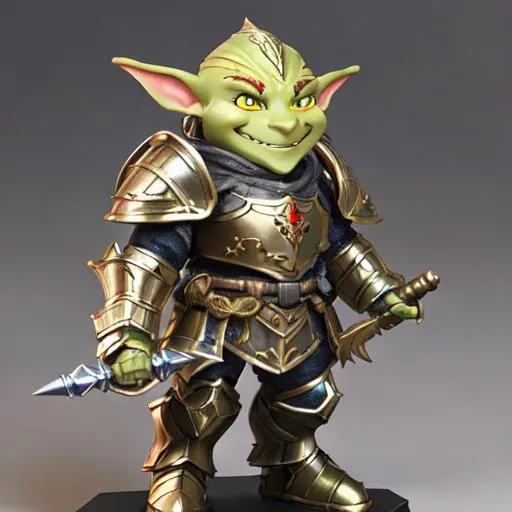 Prompt: Hyperdetailed male paladin goblin. The goblin soldier would be a green skin goblin, man. Hyperdetailed face, long and poited nose, smile expression and hairless, as well as green eye. Small body, short stature and thin. His uniform may medieval golden heavy armor, indicating their rank and achievements.
Hyperdetailed Backgraund tavern
Soft lighting, studio background