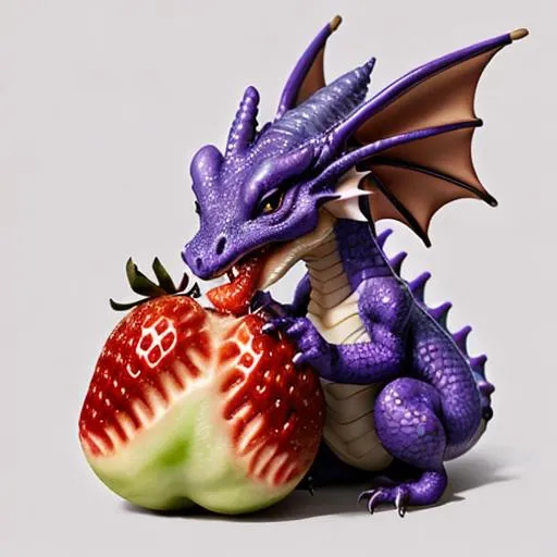 Prompt: A (cute and baby) purple dragon (that loves to eat fruit)  eating a strawberry
 
