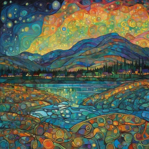 Prompt: landscape with northern lights, painting in the style of Klimt.