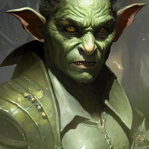 Prompt: Portrait painting of an adorable goblin hunter surrounded by bats. With grey-green skin tone and elf ears. by Greg Rutkowski and Craig Mullins, Dark atmospheric and cinematic lighting