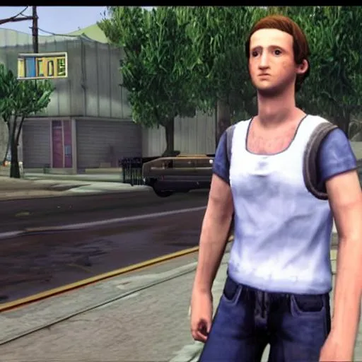 Prompt: Grand Theft Auto San Andreas (2004) awkward cutscene mod featuring Uncanny ((Mark Zuckerberg)) cosplaying as young CJ Carl Johnson from GTA San Andreas, white sleeveless tanktop, player model, grove st, mod, focus on face, protagonist, Los Santos, ghetto, psp screenshot, ps1 gameplay, Dreamcast graphics, San Andreas Mod, GTA SA, Compton, curly Caesar haircut, Oblivion npc