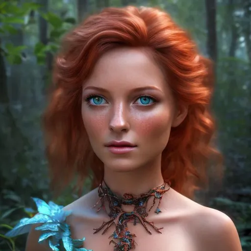 Prompt: HD 4k 3D professional modeling photo hyper realistic beautiful enchanting woman orphan copper hair fair skin blue eyes gorgeous face green dress pirate cave with treasure louisiana swamp diamonds and gems magical landscape hd background ethereal mystical mysterious beauty full body