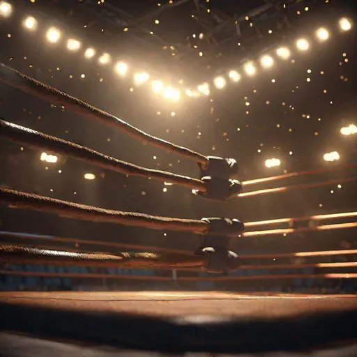 Prompt: Above the waist close up shot of an empty boxing ring, shot taken from inside the ring, light radiating outward in a brilliant display of stars, illuminating the darkness of the night, octane render, backlit, golden glow, cinematic.