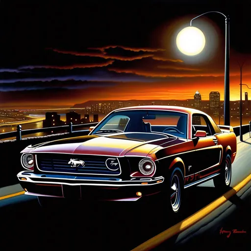 Prompt: Ford Mustang 1998, car chase, cops, Pittsburgh at night, warm atmosphere, extremely detailed painting by Greg Rutkowski and by Henry Justice Ford and by Steve Henderson.