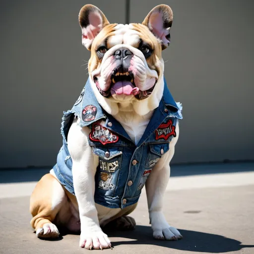 Prompt: Bulldog wearing a heavy metal music denim vest with patches